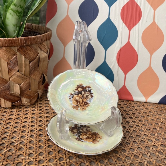 Yellow-Gold Lusterware Tea Porcelain Saucer Set of Two w/Brown Roses - Picture 5 of 10